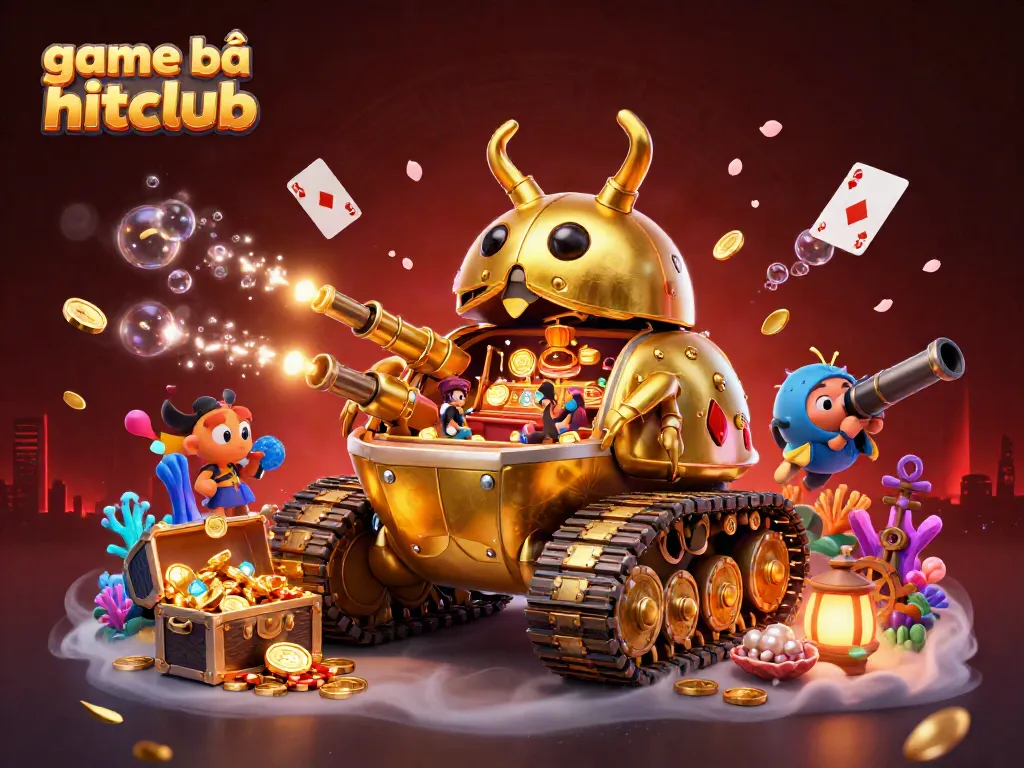 Engage with the vibrant scene of game bài hitclub featuring a golden beetle tank casino overflowing with treasures.