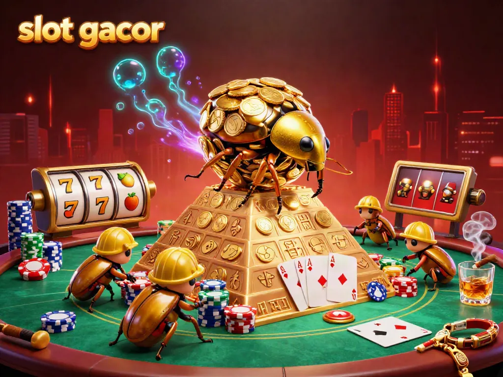 Engage in the thrilling world of slot gacor with cartoon beetles rolling gold coins amidst vibrant casino elements.