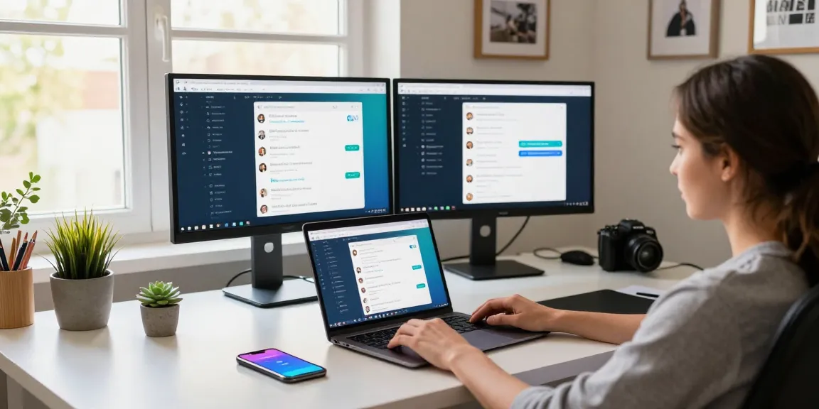 A user engaged with the Telegram Web Version on a laptop in a modern home office.