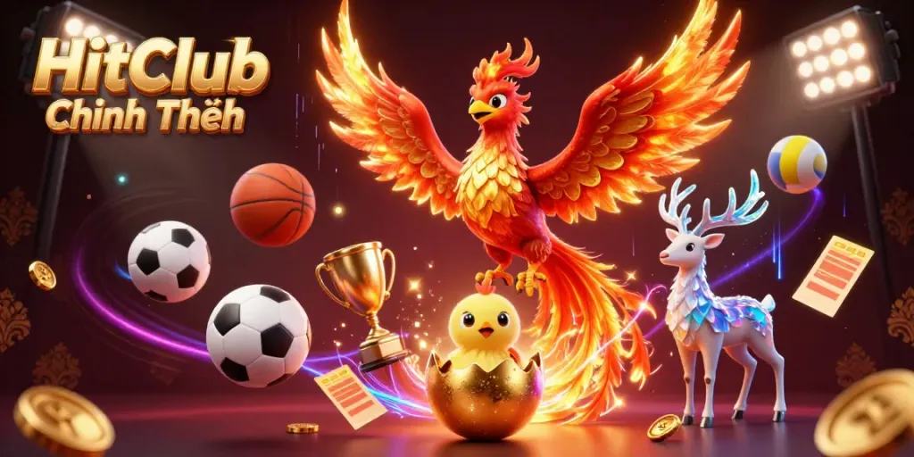 Experience the dynamic energy of HitClub Chính Thức as a phoenix rises among vibrant casino sports elements.