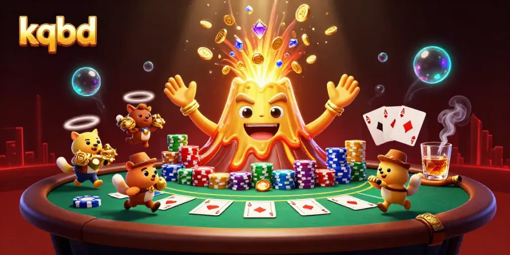Experience vibrant kqbd action with a golden volcano erupting treasures and poker scenes.