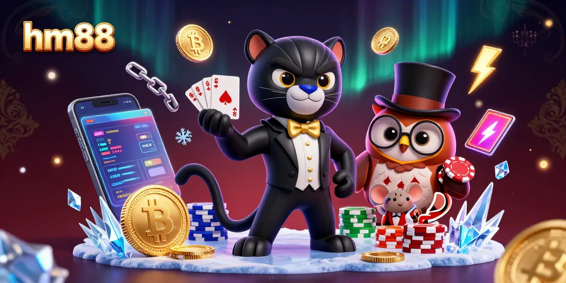 Experience the excitement at hm88 with our vibrant 3D illustration featuring a stylish dealer and casino elements.