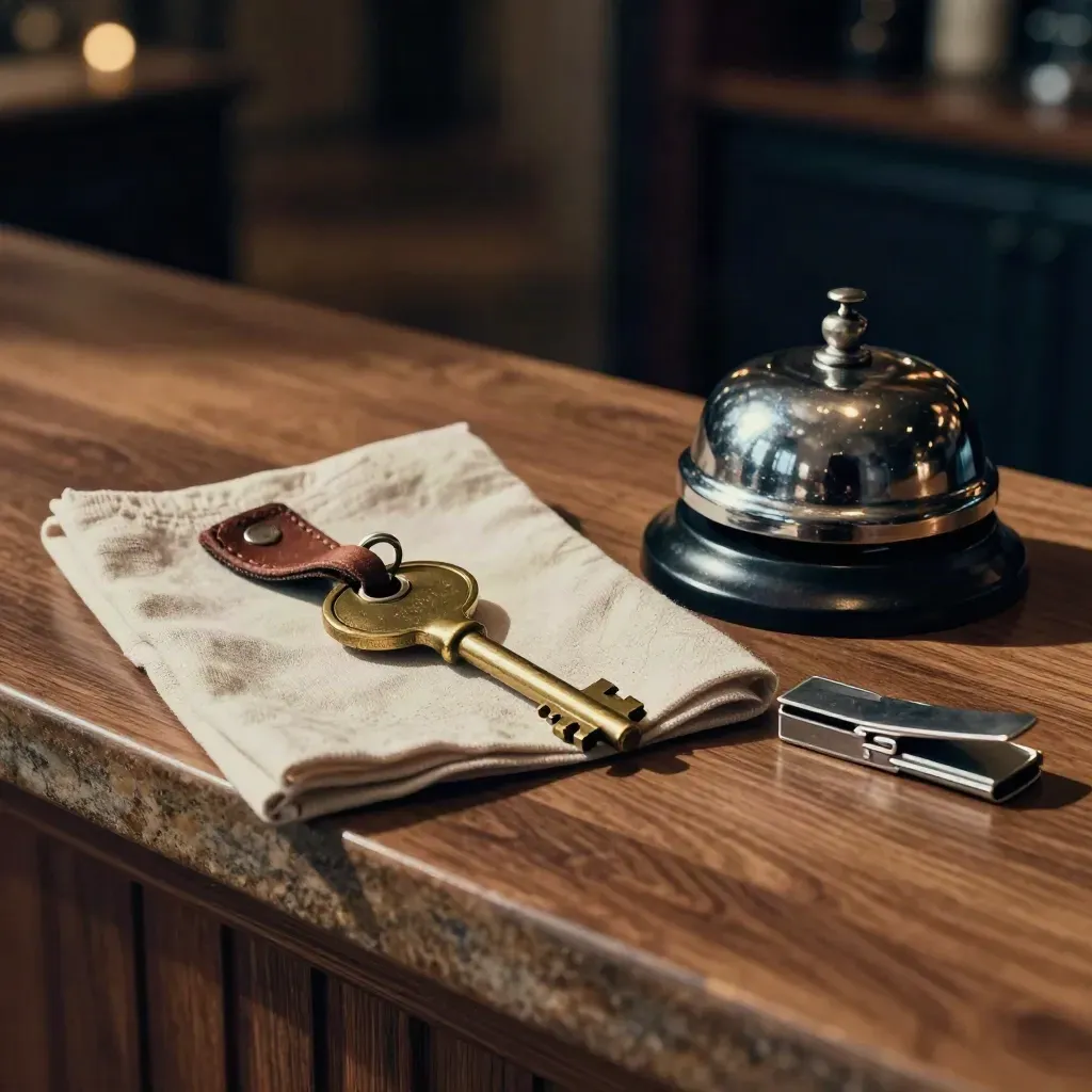 Brass hotelkamersleutel, serviesbel en linnen doek op warme houttoon met zachte schaduw.