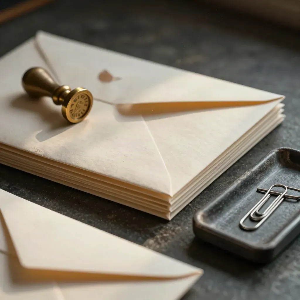 Gesealde enveloppen, een messing datumstempel en paperclips op donkere steen met zacht licht.