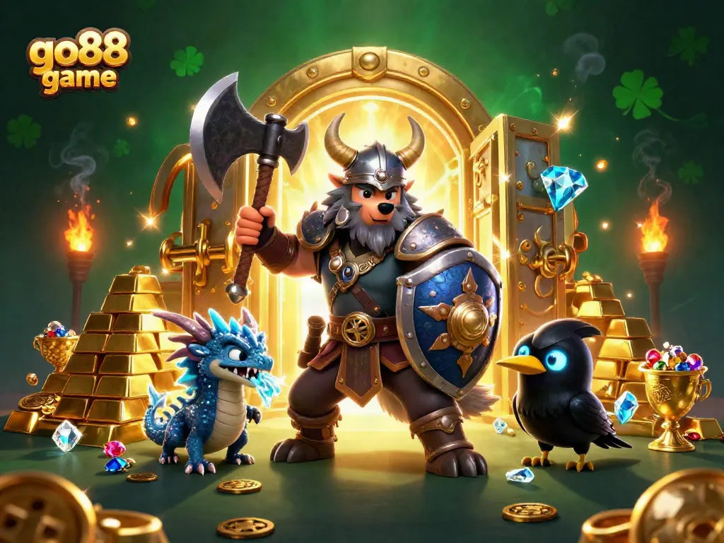 Experience thrilling gameplay with go88 game as Viking warrior and dragon encounter treasure in a vivid casino world.