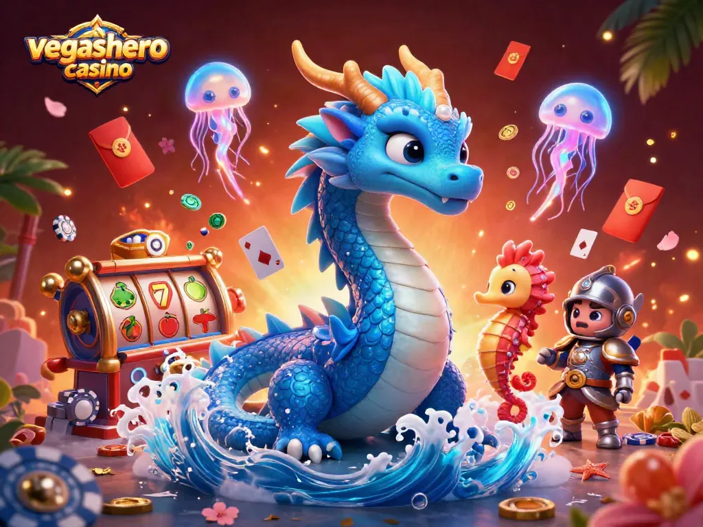 Play at vegashero casino with a vibrant 3D illustration featuring a water dragon and exciting gaming elements.